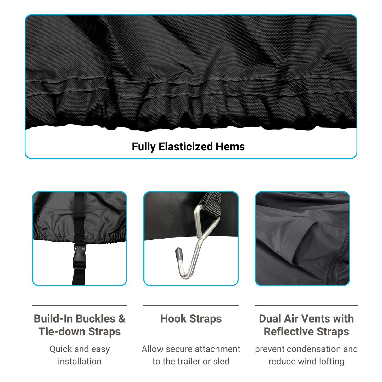 Detailed view of double-stitched, fully elasticized hems to provide secure fit, with built-in buckles and tie-down straps for easy installation, hook straps for secure attachment to the trailer and sled, and dual air vents with reflective straps to prevent condensation and reduce wind lofting.