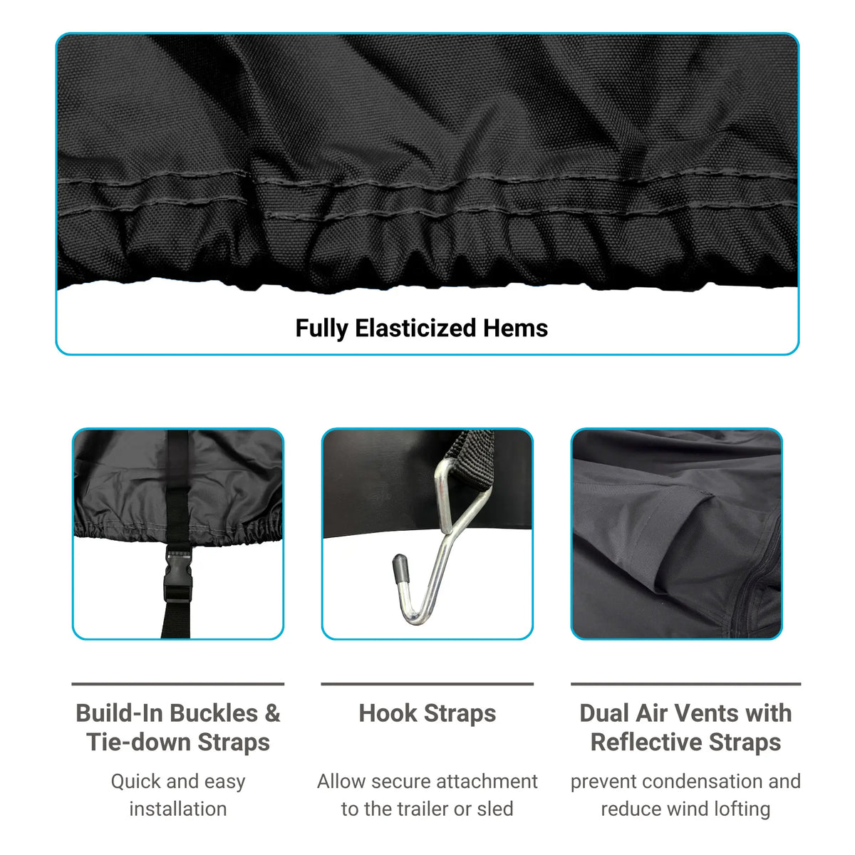 Detailed view of double-stitched, fully elasticized hems to provide secure fit, with built-in buckles and tie-down straps for easy installation, hook straps for secure attachment to the trailer and sled, and dual air vents with reflective straps to prevent condensation and reduce wind lofting.