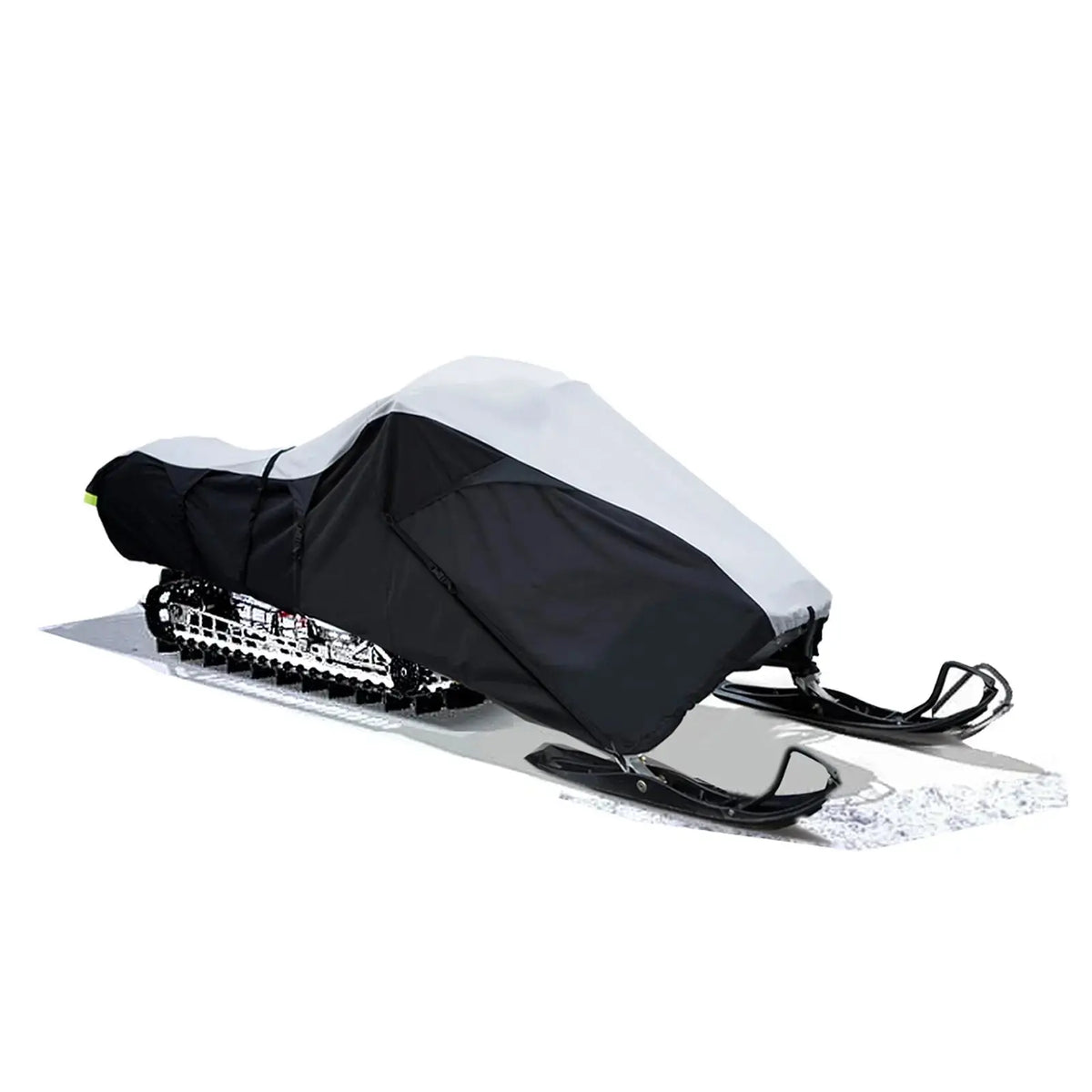 High-quality, dual tone black and white Elite ProShield snowmobile cover made from high-density woven polyester, providing full all-weather protection and complete snowmobile coverage.