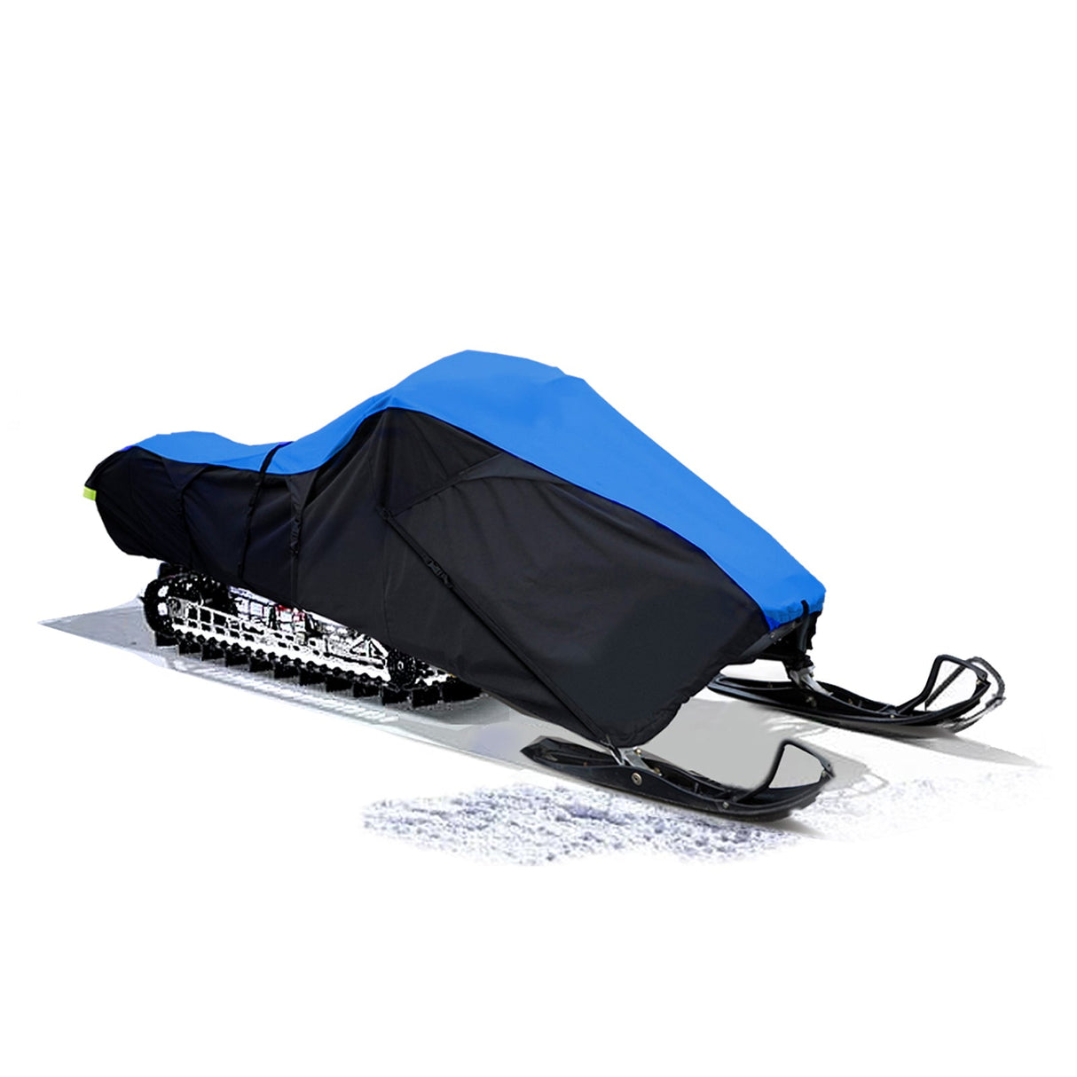 High-quality, dual tone black and blue Elite ProShield snowmobile cover made from high-density woven polyester, providing full all-weather protection and complete snowmobile coverage.