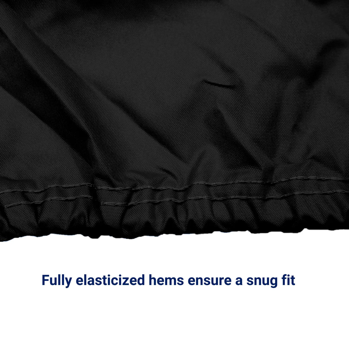 Secure black elastic cord with double stitches to create reinforced seams around bottom hem of cover for storage.