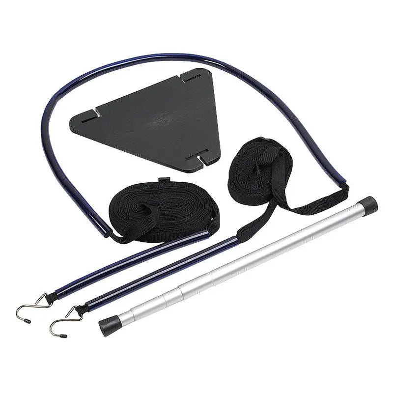 Savvycraft boat cover support pole system featuring a triangular support plate, adjustable telescoping silver aluminum pole, and heavy-duty black webbing straps with metal hooks for secure marine canvas tensioning and water drainage.