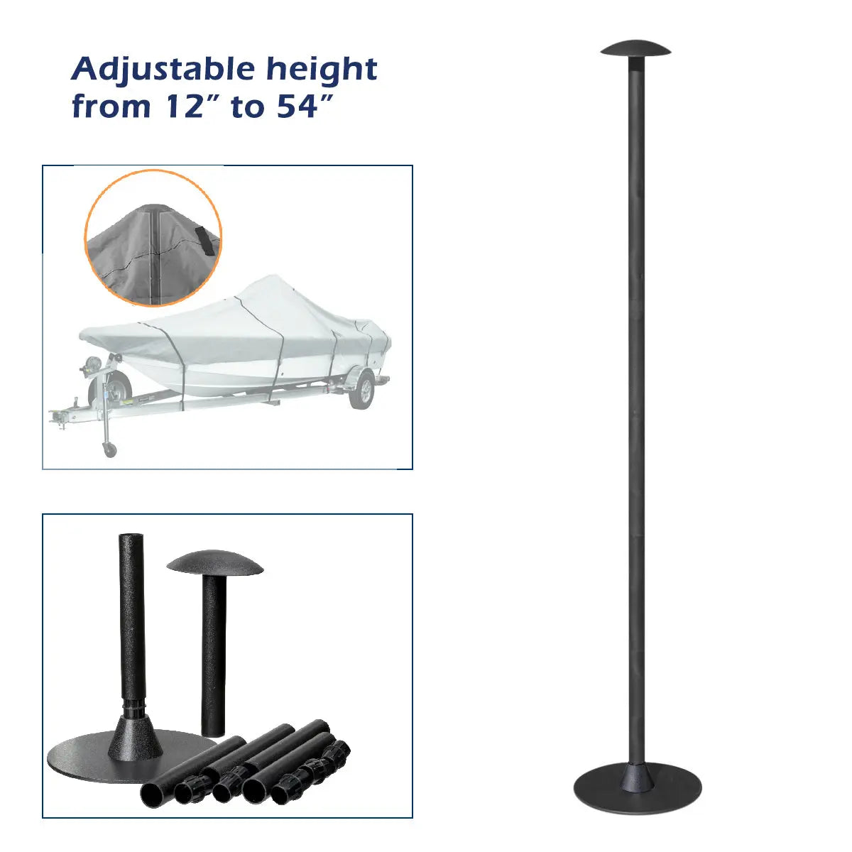 Savvycraft adjustable marine boat cover support pole system, height range 12 to 54 inches, featuring a wide base and mushroom cap to prevent water pooling and sagging on boat canvases