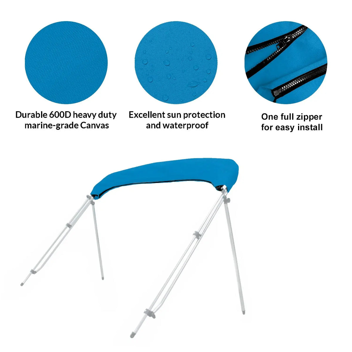 Folded bimini top stored in a blue protective boot with UV protection, waterproof fabric, and zipper for easy install and removal.