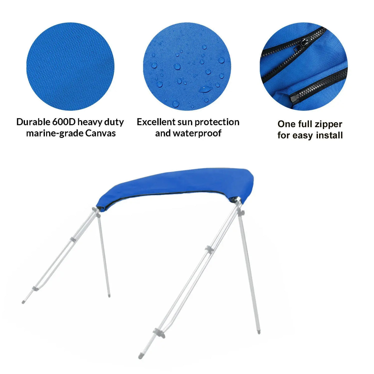 Folded bimini top stored in a blue protective boot with UV protection, waterproof fabric, and zipper for easy install and removal.