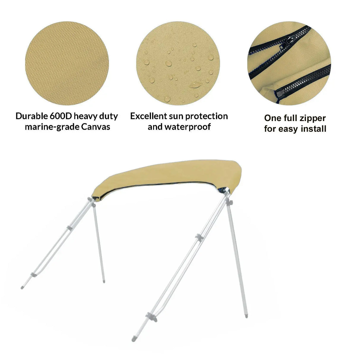 Folded bimini top stored in a beige protective boot with UV protection, waterproof fabric, and zipper for easy install and removal.