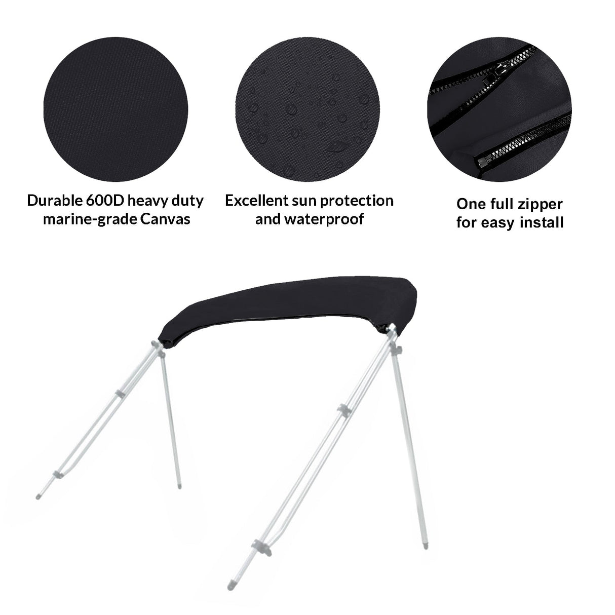Folded bimini top stored in a black protective boot with UV protection, waterproof fabric, and zipper for easy install and removal.