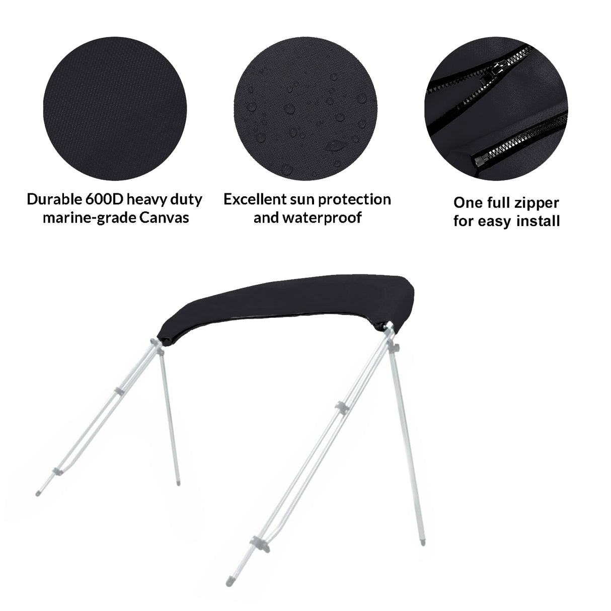 Folded bimini top stored in a black protective boot with UV protection, waterproof fabric, and zipper for easy install and removal.