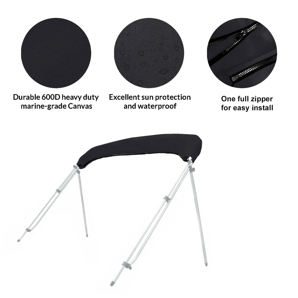 Folded bimini top stored in a black protective boot with UV protection, waterproof fabric, and zipper for easy install and removal.