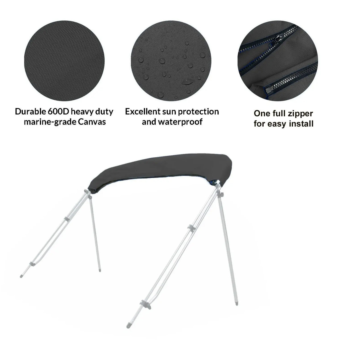 Folded bimini top stored in a black protective boot with UV protection, waterproof fabric, and zipper for easy install and removal.