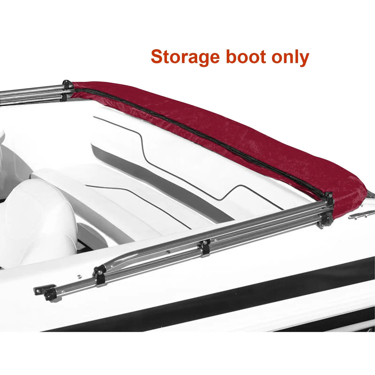 Folded-down bimini top shown stored in a burgundy boot. Product includes the storage boot only.