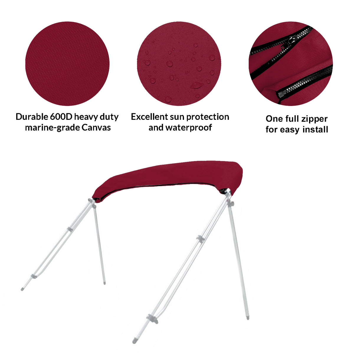 Folded 3-bow bimini top stored in a burgundy protective boot with UV protection, waterproof fabric, and zipper for easy install and removal.