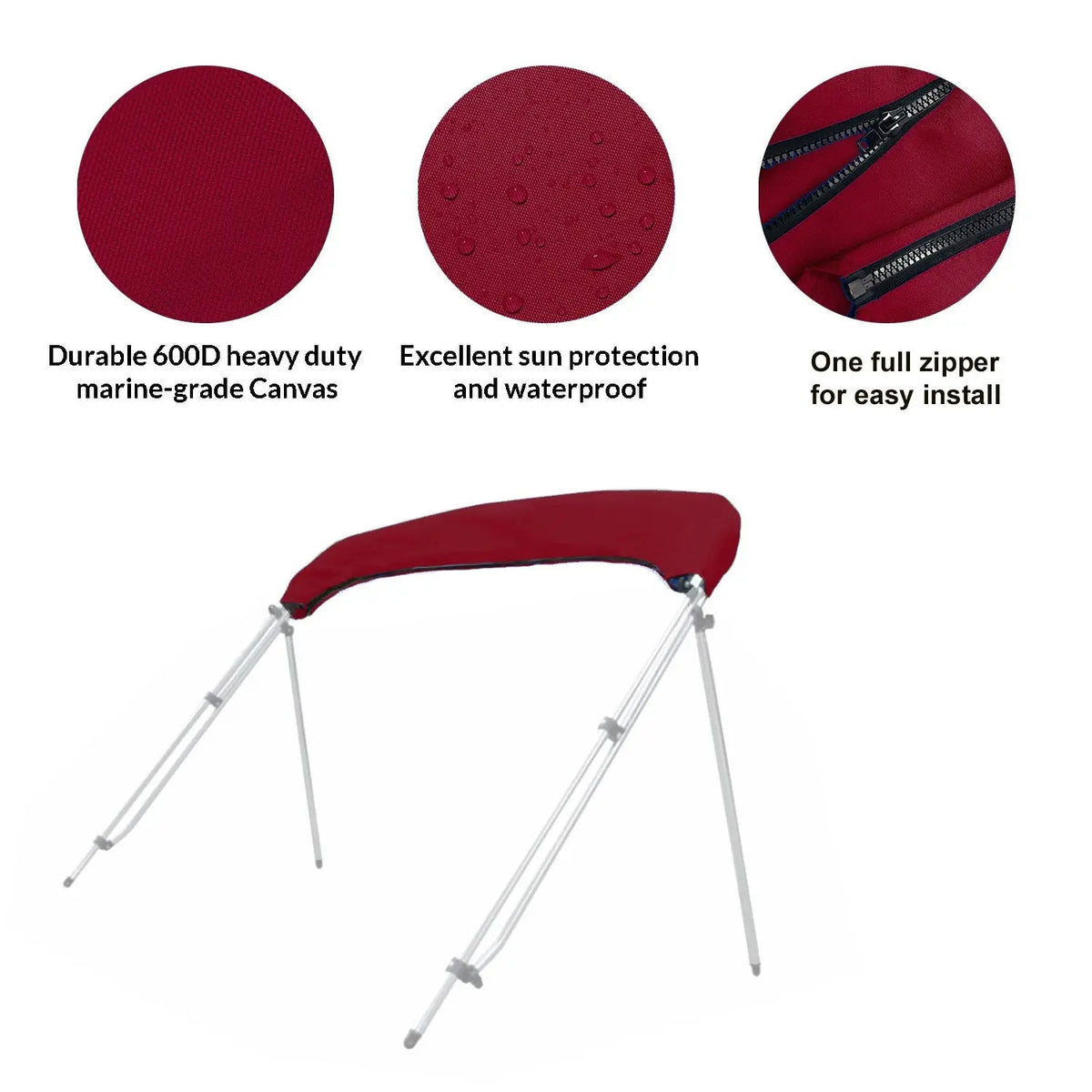 Folded bimini top stored in a burgundy protective boot with UV protection, waterproof fabric, and zipper for easy install and removal.