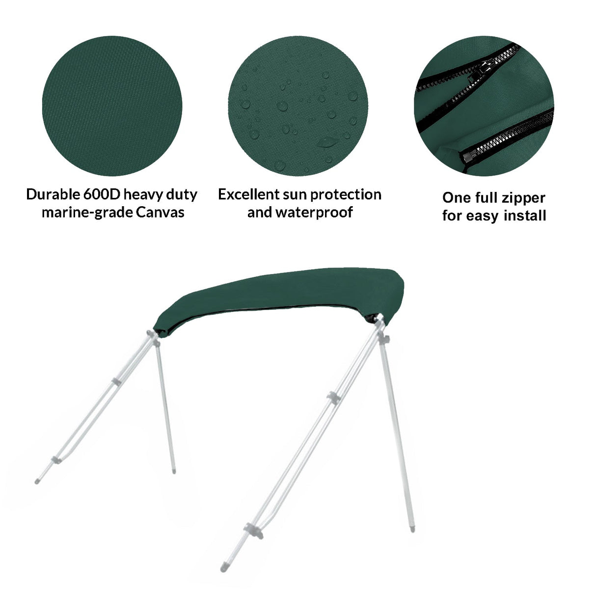 Folded bimini top stored in a green protective boot with UV protection, waterproof fabric, and zipper for easy install and removal.