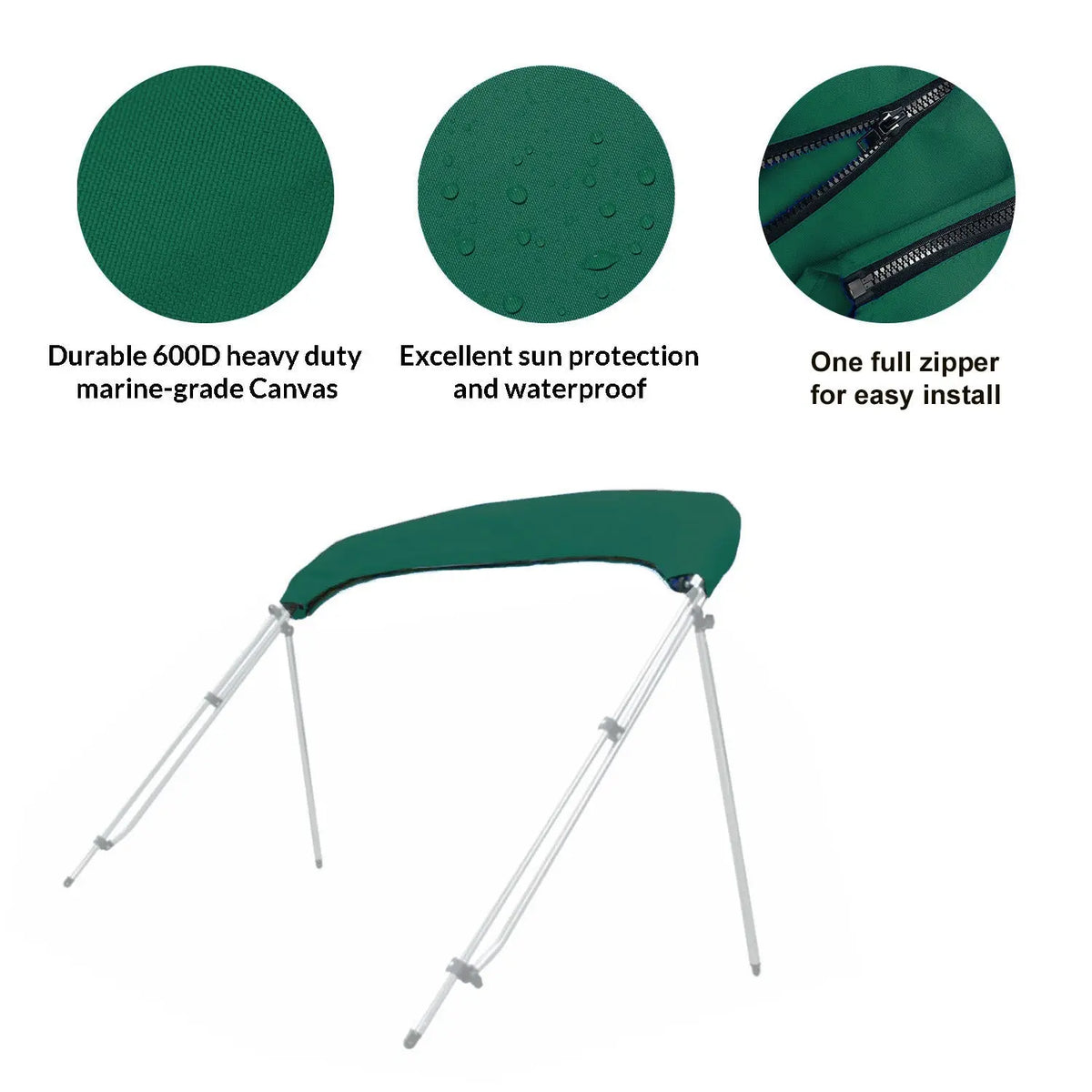 Folded bimini top stored in a green protective boot with UV protection, waterproof fabric, and zipper for easy install and removal.