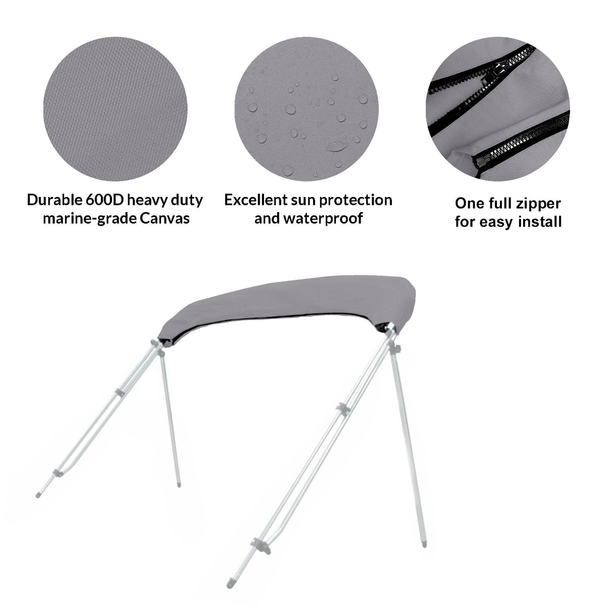 Folded bimini top stored in a gray protective boot with UV protection, waterproof fabric, and zipper for easy install and removal.