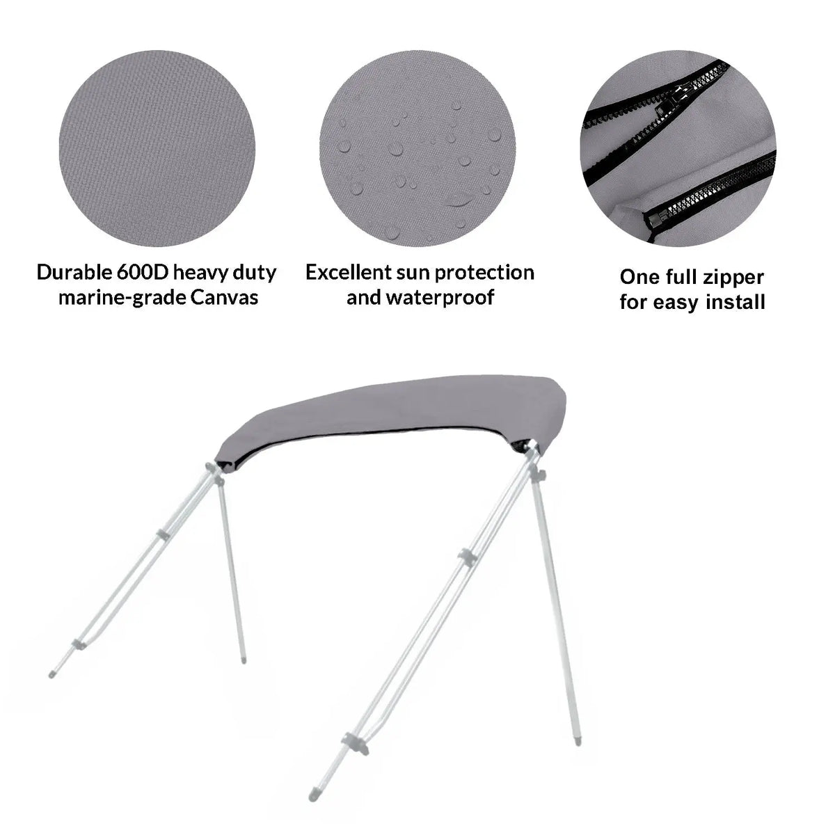 Folded bimini top stored in a gray protective boot with UV protection, waterproof fabric, and zipper for easy install and removal.