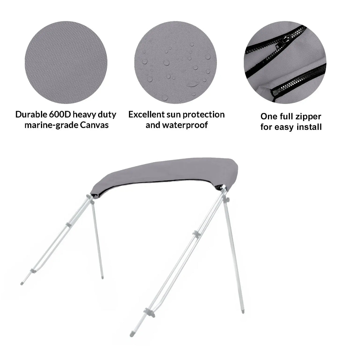 Folded 3-bow bimini top stored in a gray protective boot with UV protection, waterproof fabric, and zipper for easy install and removal.