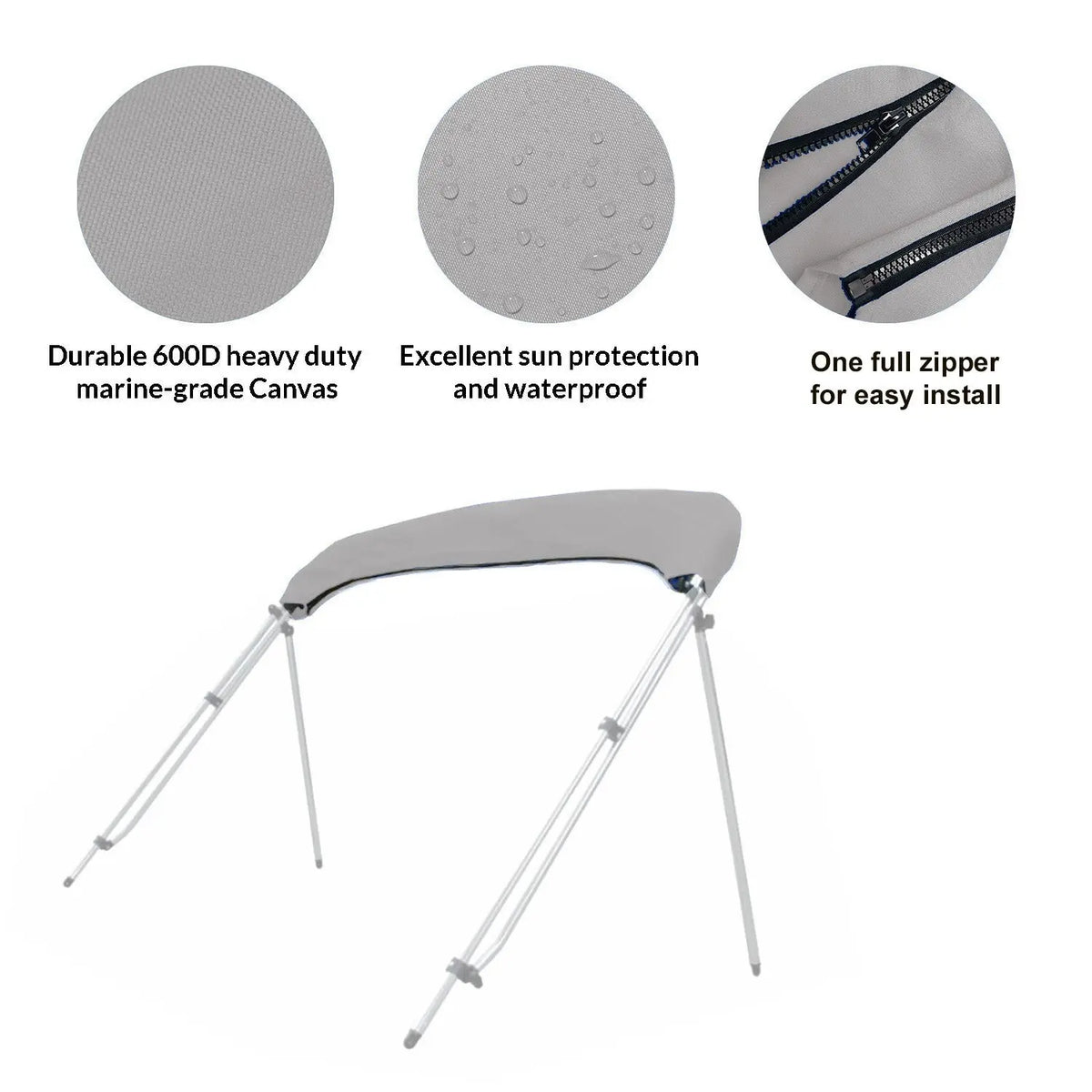 Folded bimini top stored in a gray protective boot with UV protection, waterproof fabric, and zipper for easy install and removal.