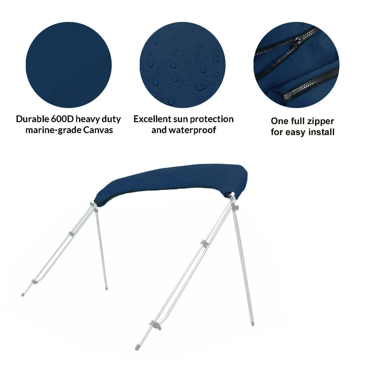 Folded bimini top stored in a navy protective boot with UV protection, waterproof fabric, and zipper for easy install and removal.