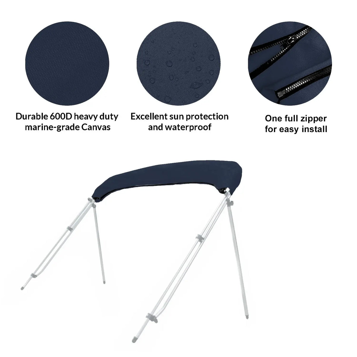 Folded bimini top stored in a navy protective boot with UV protection, waterproof fabric, and zipper for easy install and removal.