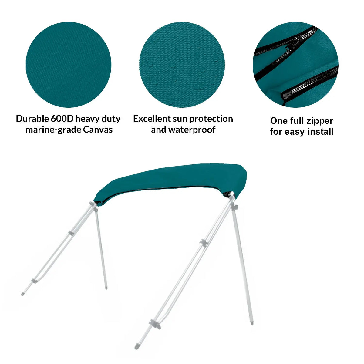 Folded bimini top stored in a teal protective boot with UV protection, waterproof fabric, and zipper for easy install and removal.