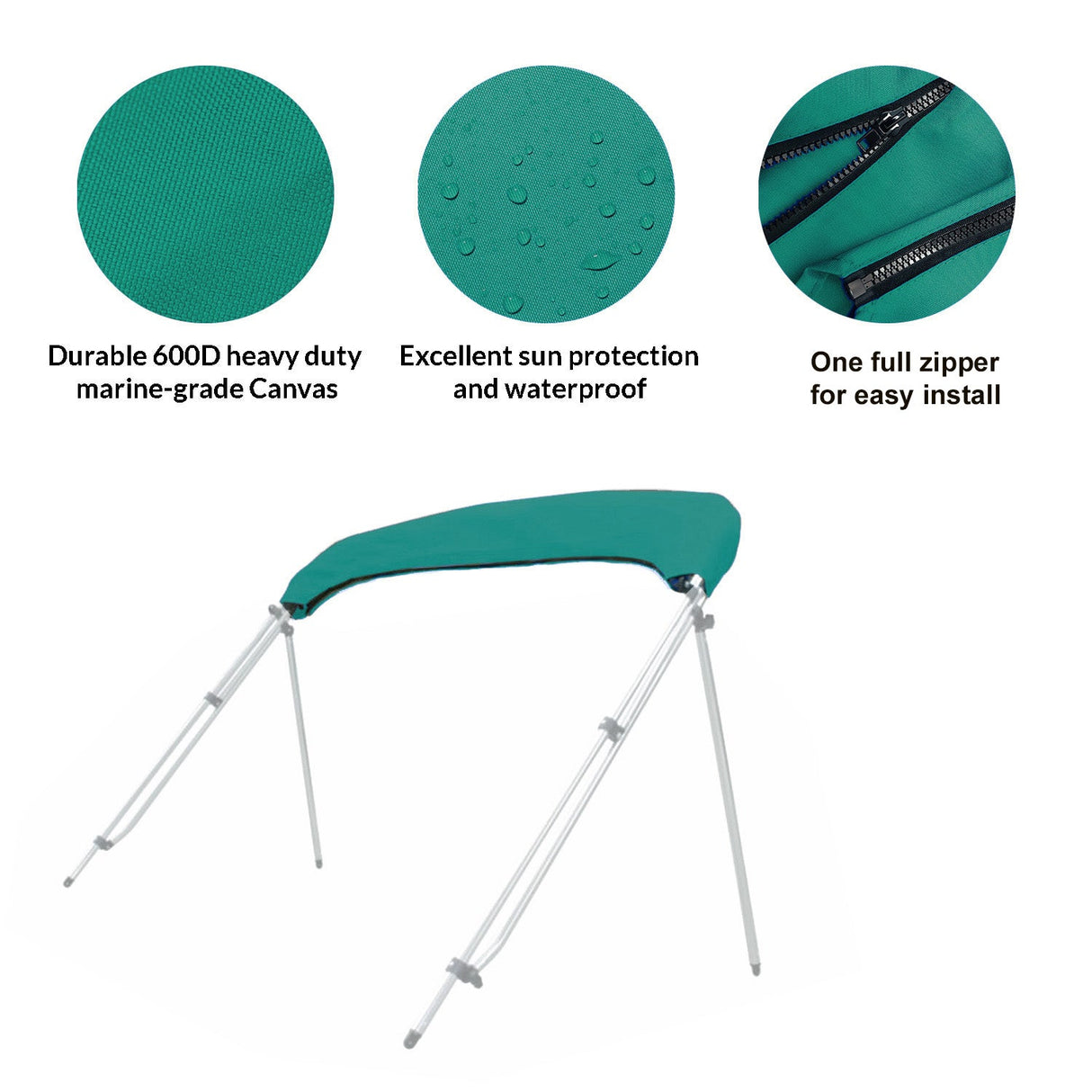 Folded bimini top stored in a teal protective boot with UV protection, waterproof fabric, and zipper for easy install and removal.