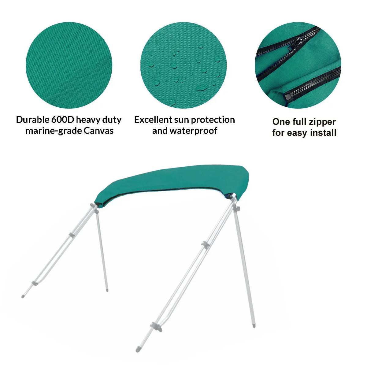 Folded bimini top stored in a teal protective boot with UV protection, waterproof fabric, and zipper for easy install and removal.