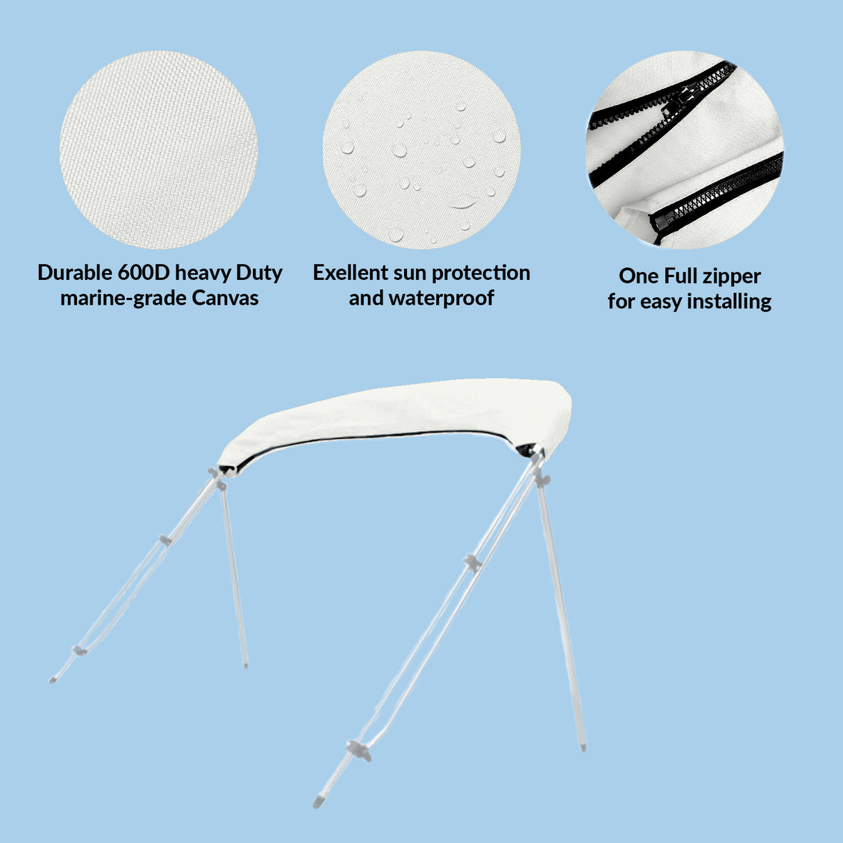 Folded 3-bow bimini top stored in a white protective boot with UV protection, waterproof fabric, and zipper for easy install and removal.