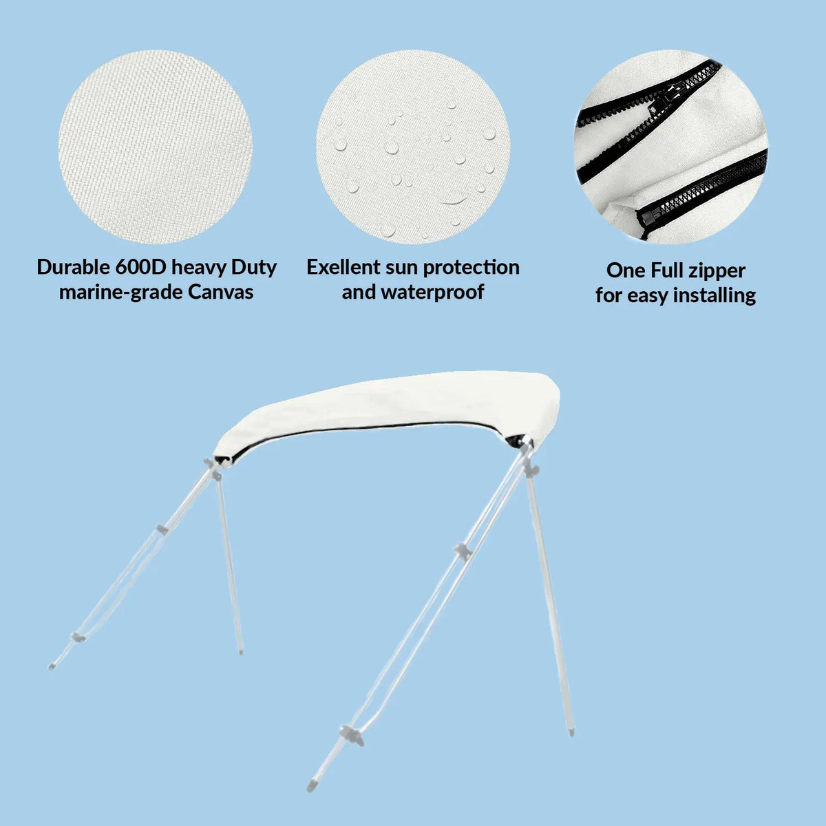 Folded 3-bow bimini top stored in a white protective boot with UV protection, waterproof fabric, and zipper for easy install and removal.