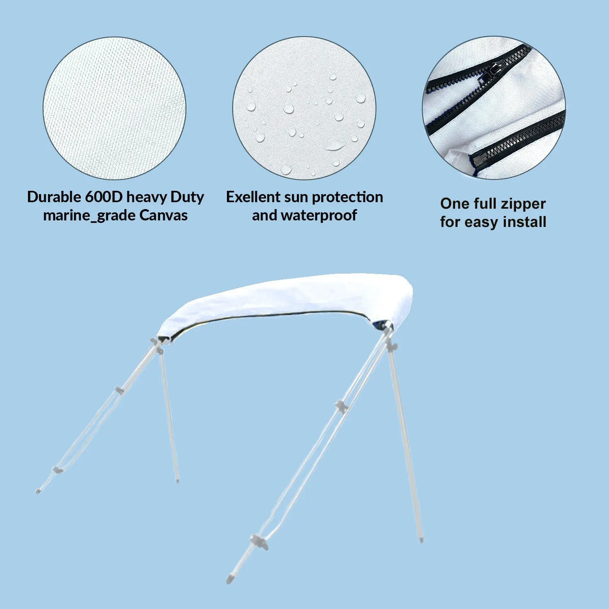 Folded bimini top stored in a white protective boot with UV protection, waterproof fabric, and zipper for easy install and removal.