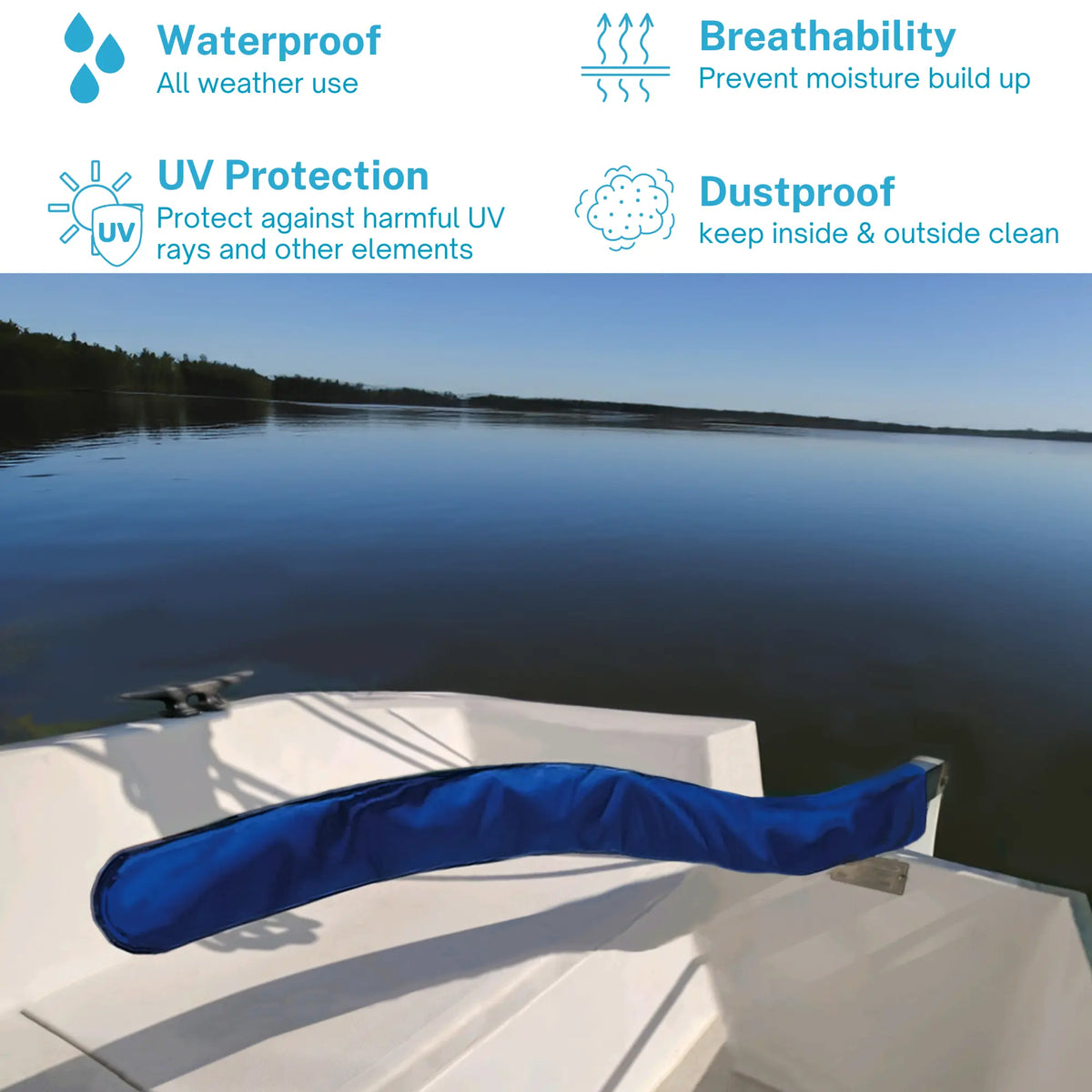 Waterproof and breathable blue marine tiller cover by SAVVYCRAFT with UV protection and dust proof construction for clean boat storage