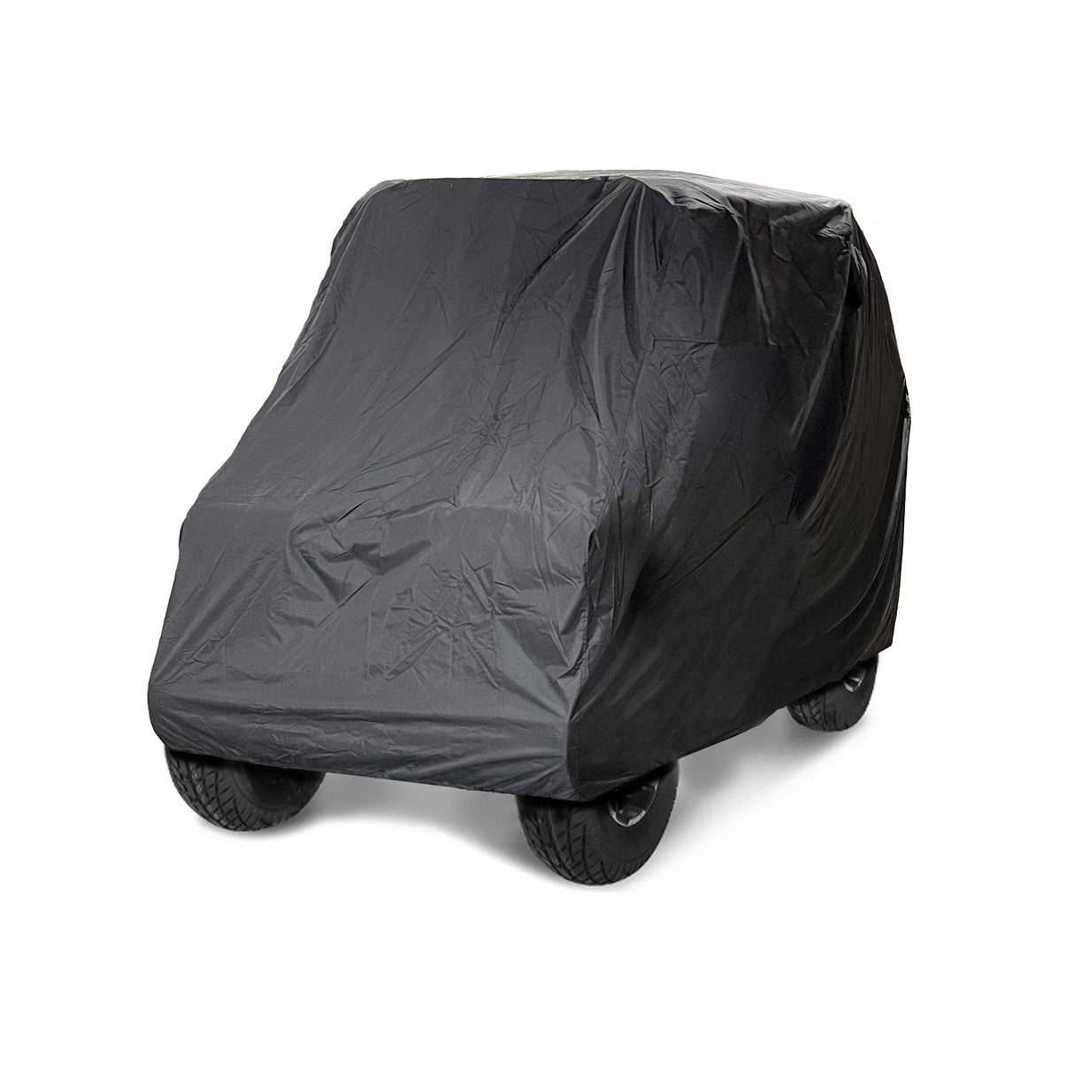 Fully covered UTV with black heavy-duty all-weather material designed to shield against UV rays, rain, snow, ice, dust, dirt, and scratches.