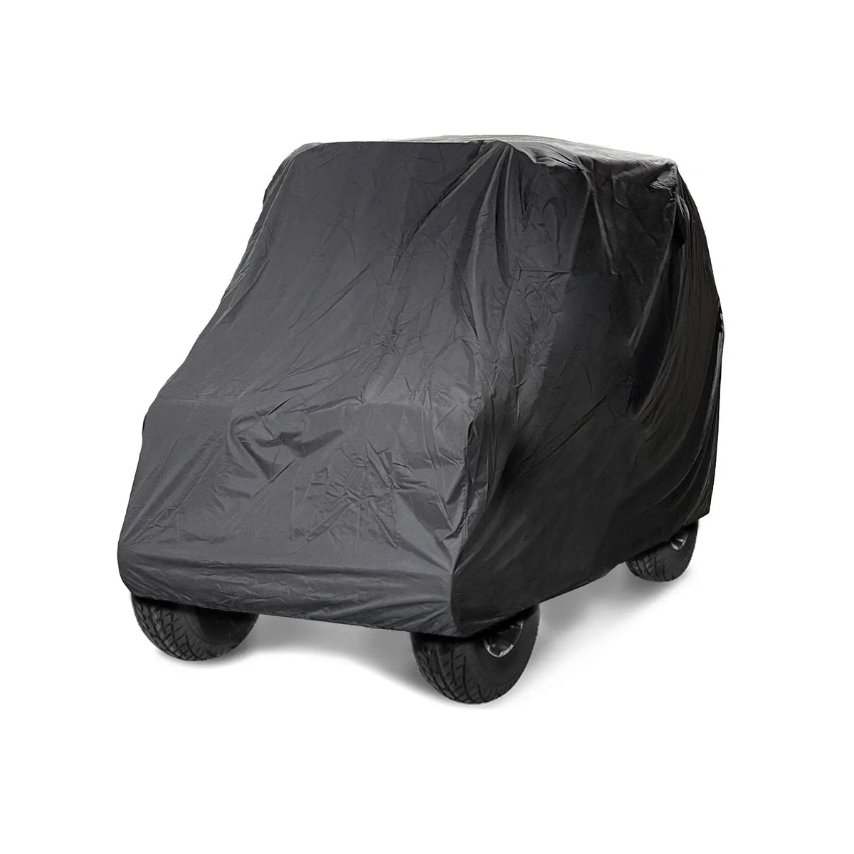 Fully covered UTV with black heavy-duty all-weather material designed to shield against UV rays, rain, snow, ice, dust, dirt, and scratches.