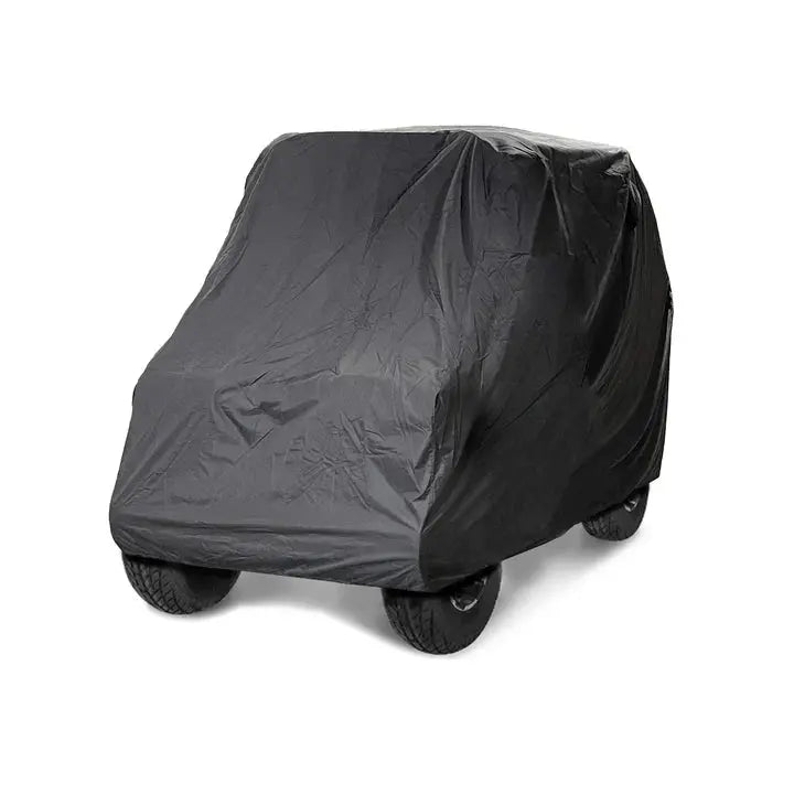 Fully covered UTV with black heavy-duty all-weather material designed to shield against UV rays, rain, snow, ice, dust, dirt, and scratches.