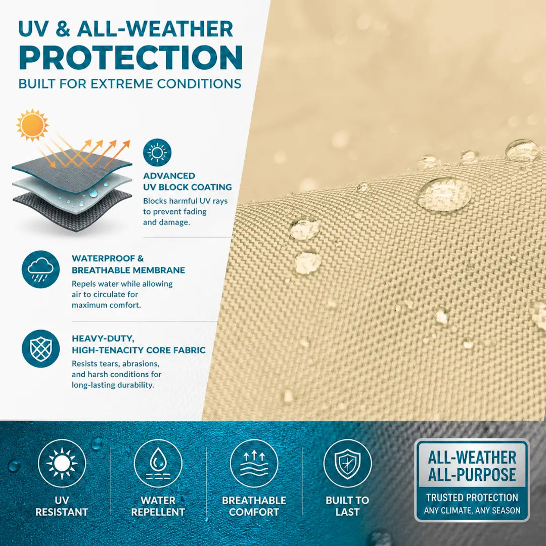 Infographic explaining the UV and all-weather protection features of a marine-grade fabric, featuring a close-up image of water droplets beading on a durable beige textile. Diagrams and text highlight an advanced UV block coating, waterproof and breathable membrane, and heavy-duty high-tenacity core fabric.