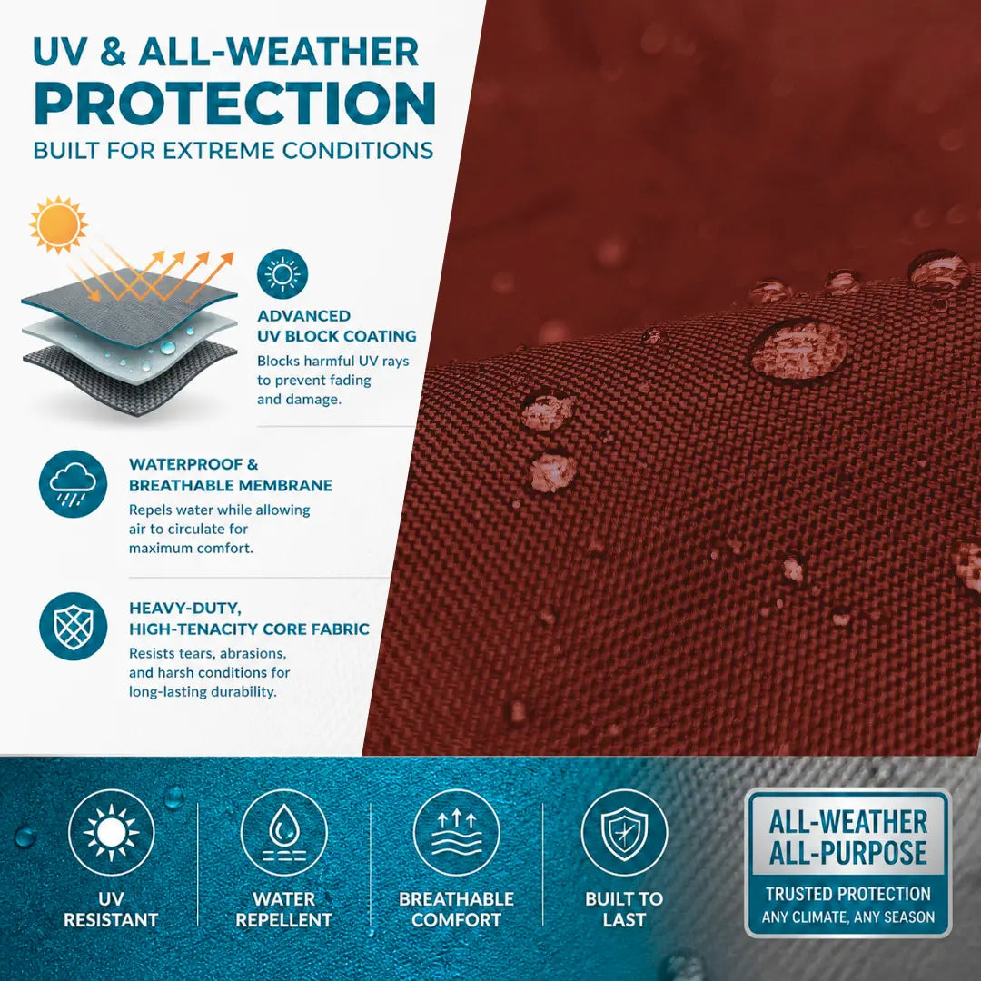 Infographic explaining the UV and all-weather protection features of a marine-grade fabric, featuring a close-up image of water droplets beading on a durable burgandy textile. Diagrams and text highlight an advanced UV block coating, waterproof and breathable membrane, and heavy-duty high-tenacity core fabric.