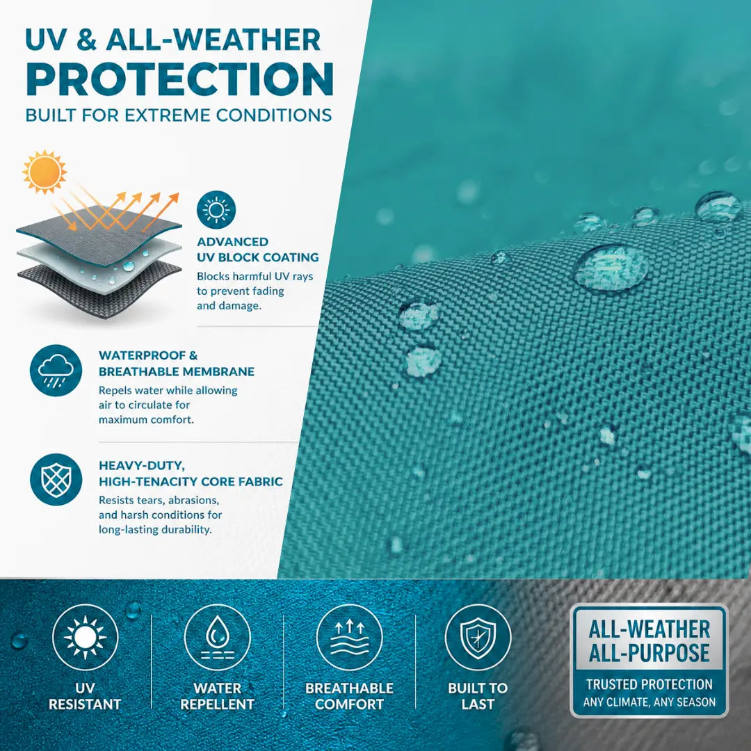 Infographic explaining the UV and all-weather protection features of a marine-grade fabric, featuring a close-up image of water droplets beading on a durable teal textile. Diagrams and text highlight an advanced UV block coating, waterproof and breathable membrane, and heavy-duty high-tenacity core fabric.