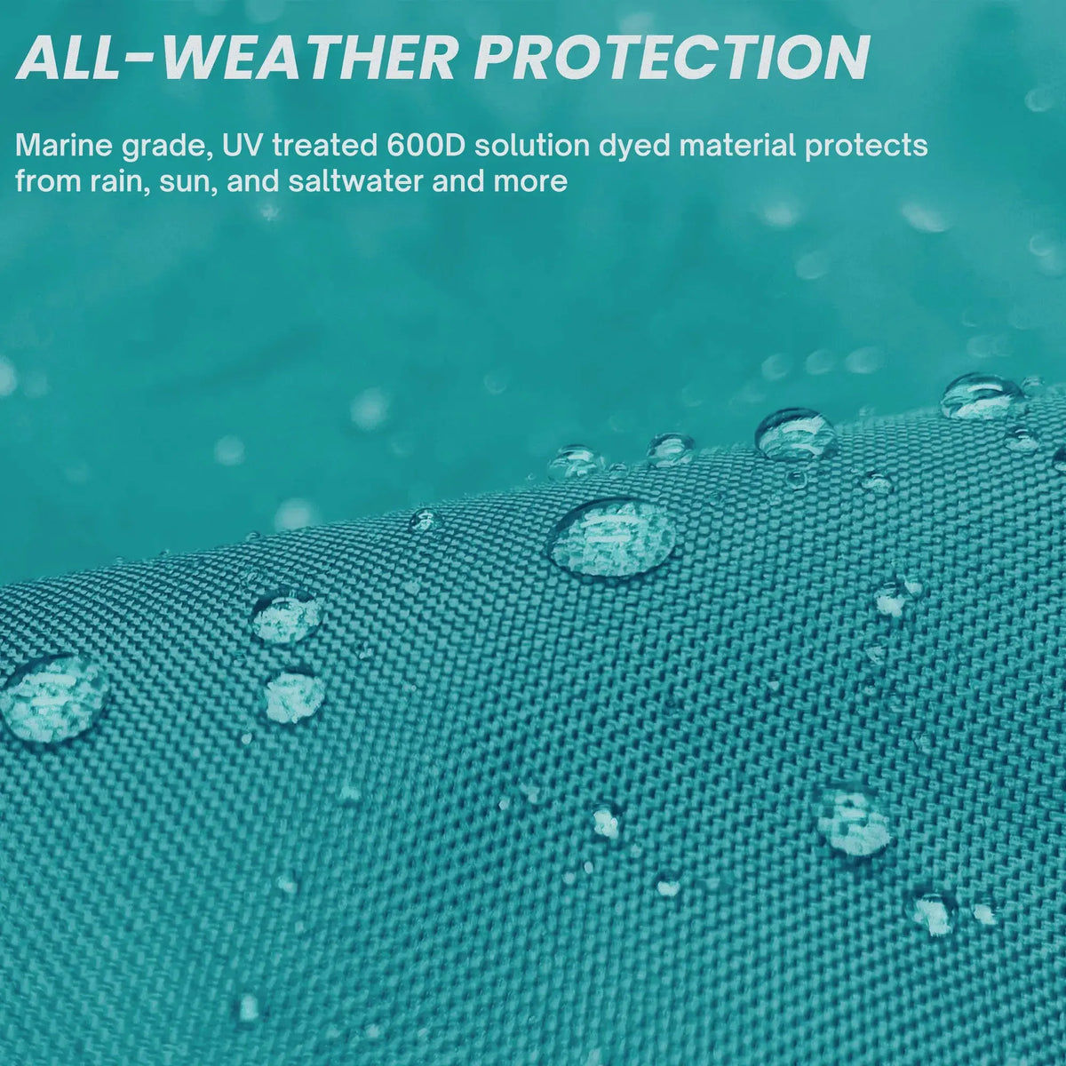 All-weather protection boat teal tiller cover shown repelling water, made from marine-grade material that protects against rain, sun, and saltwater exposure