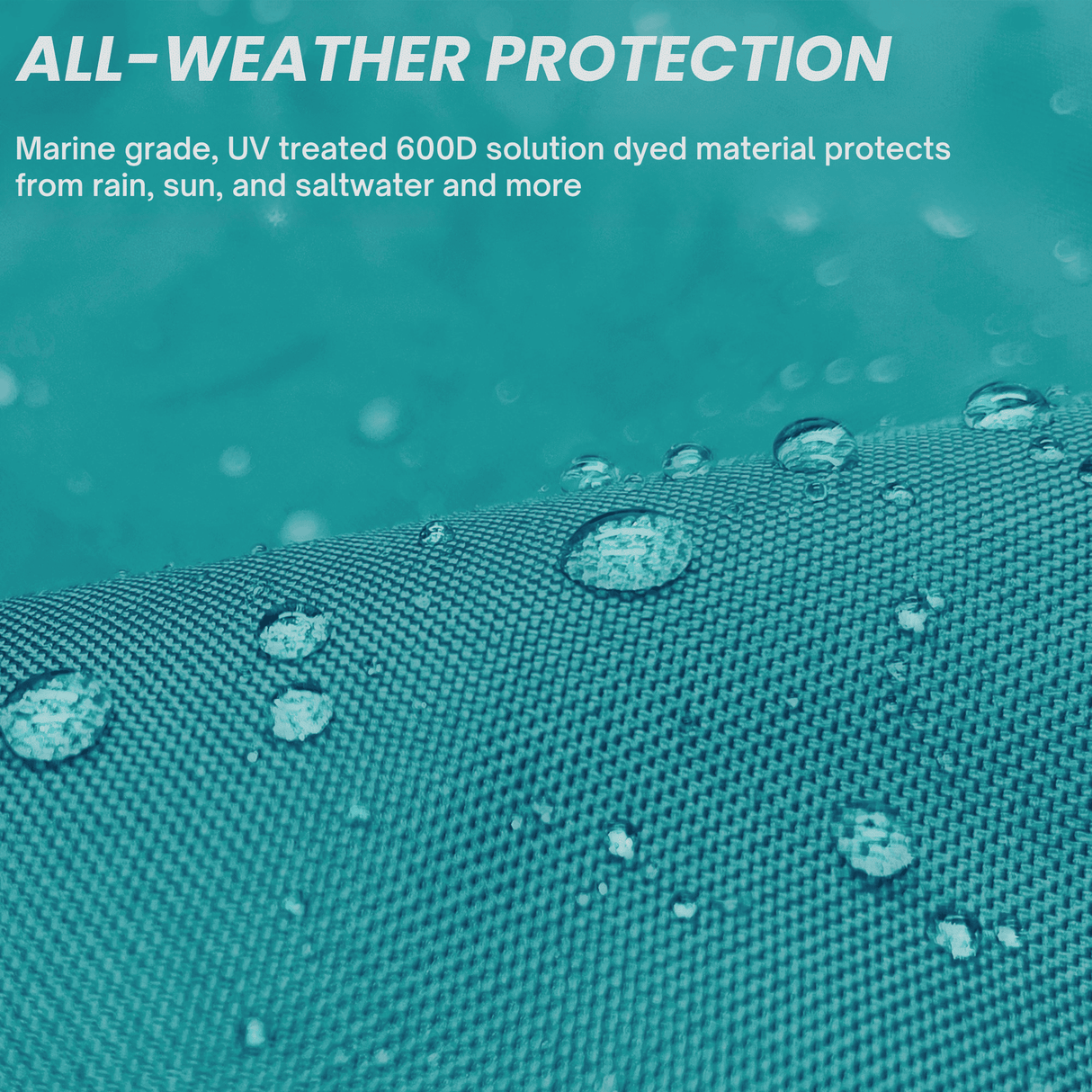 All-weather protection boat teal tiller cover shown repelling water, made from marine-grade material that protects against rain, sun, and saltwater exposure