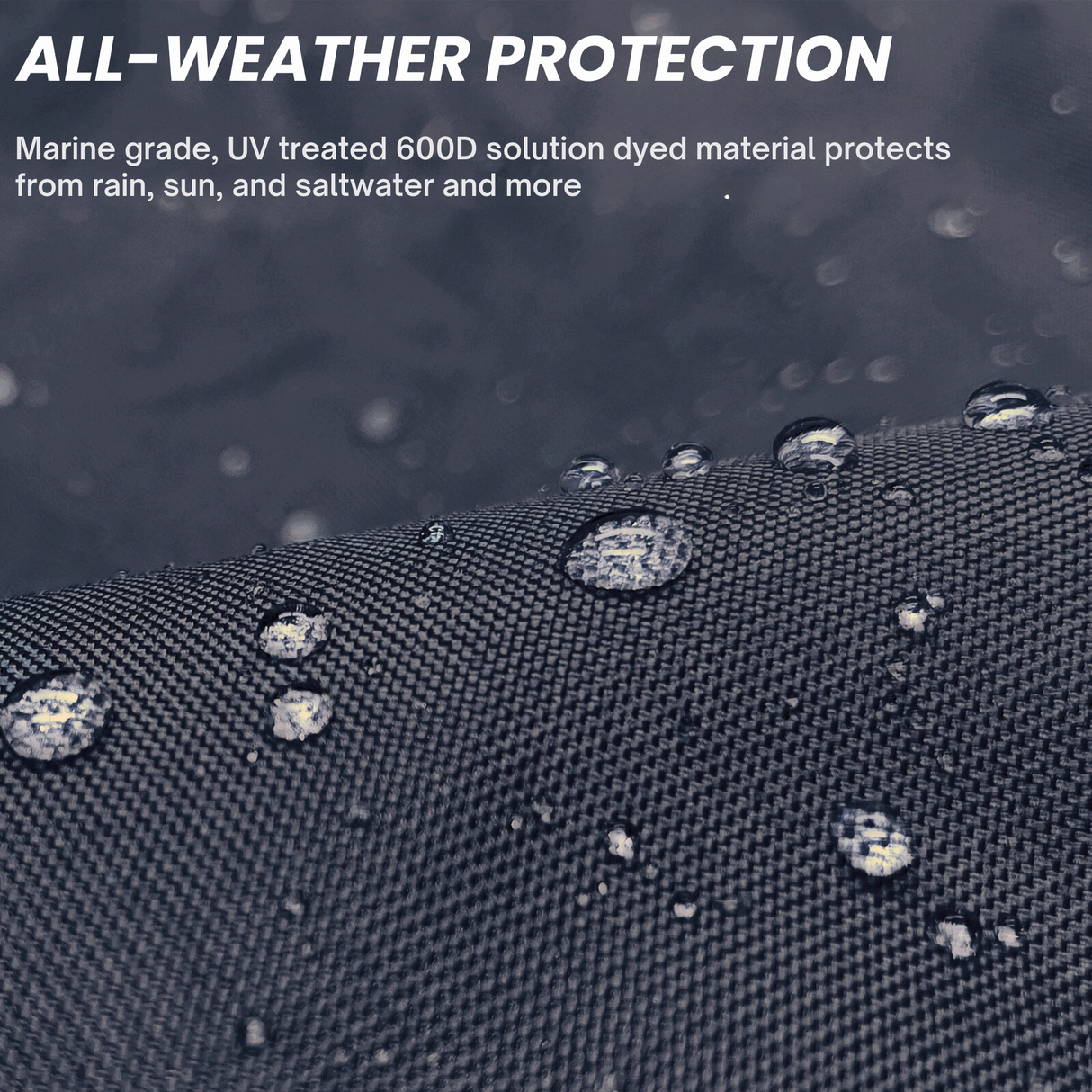 Close-up of water-repellent, marine-grade 600D solution-dyed black fabric with visible water droplets, highlighting UV-treated, all-weather material for tiller protection, designed to withstand sun, rain, and saltwater exposure
