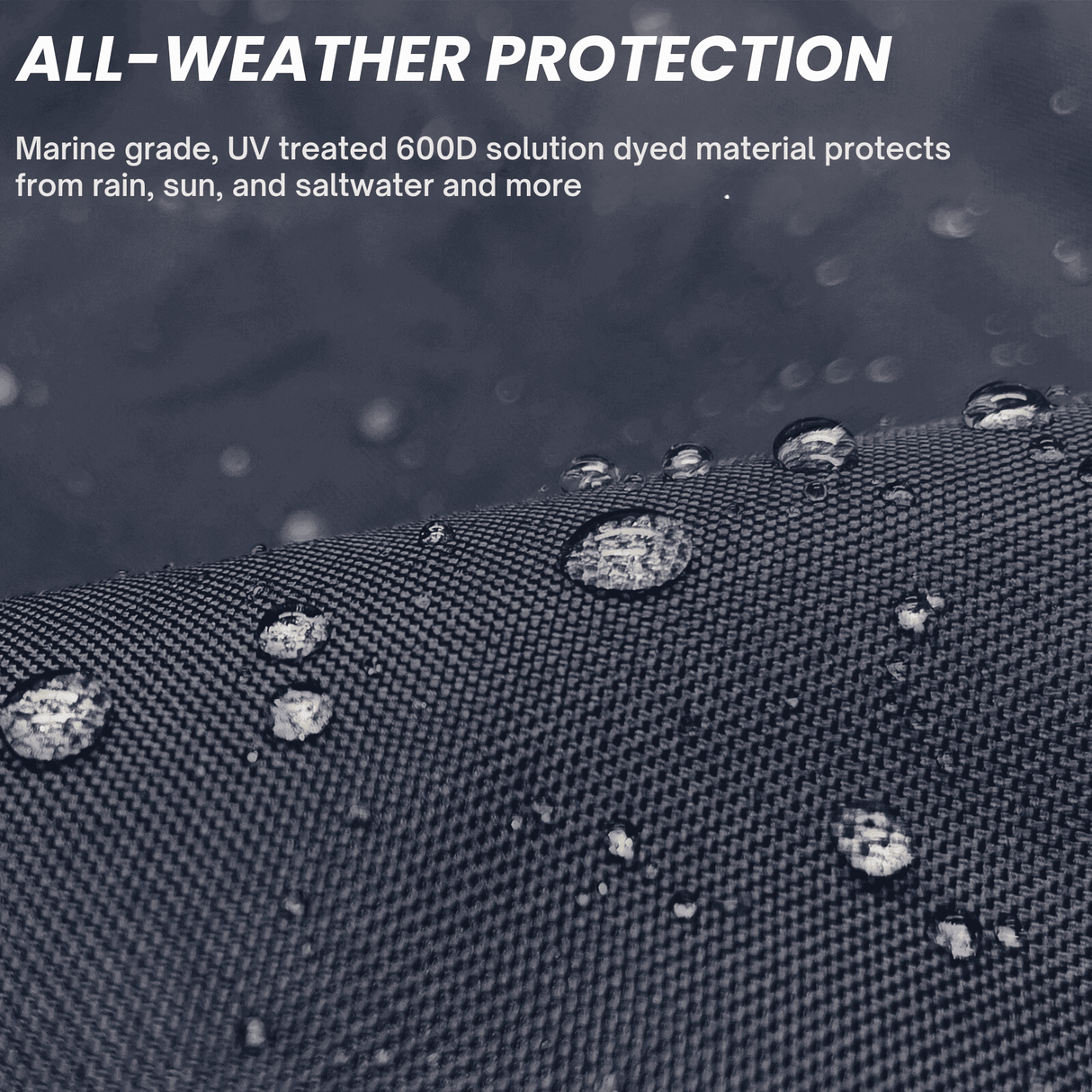 Close-up of water-repellent, marine-grade 600D solution-dyed black fabric with visible water droplets, highlighting UV-treated, all-weather material for tiller protection, designed to withstand sun, rain, and saltwater exposure