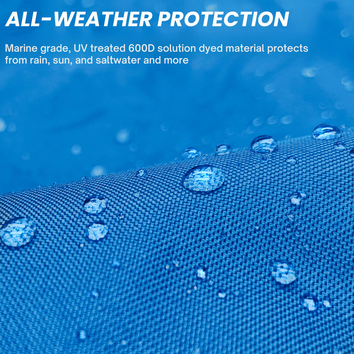 Close-up of water-repellent, marine-grade 600D solution-dyed blue fabric with visible water droplets, highlighting UV-treated, all-weather material for tiller protection, designed to withstand sun, rain, and saltwater exposure