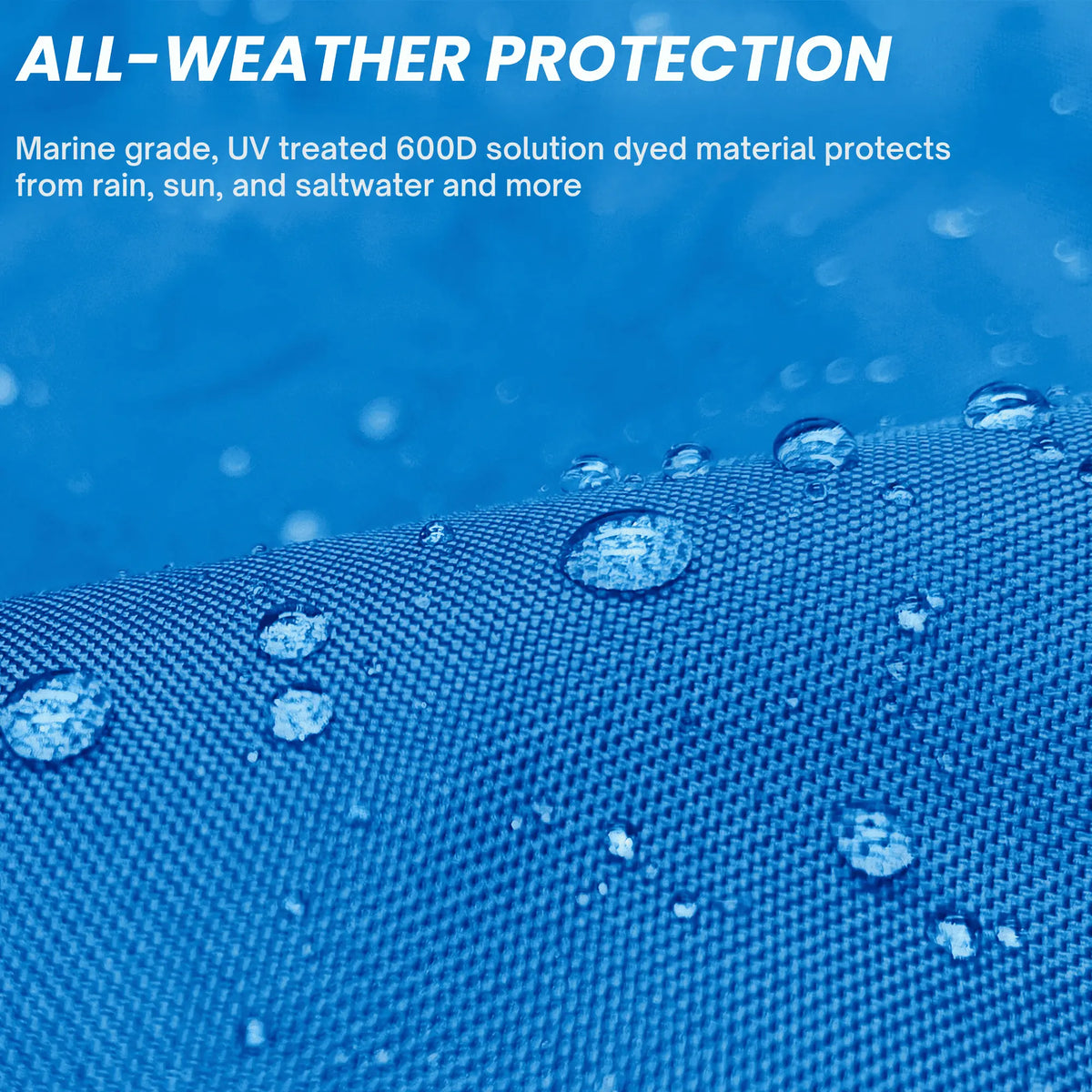 Close-up of water-repellent, marine-grade 600D solution-dyed blue fabric with visible water droplets, highlighting UV-treated, all-weather material for tiller protection, designed to withstand sun, rain, and saltwater exposure
