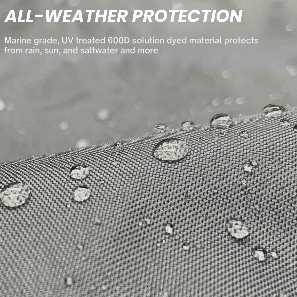 Close-up of water-repellent, marine-grade 600D solution-dyed grey fabric with visible water droplets, highlighting UV-treated, all-weather material for tiller protection, designed to withstand sun, rain, and saltwater exposure