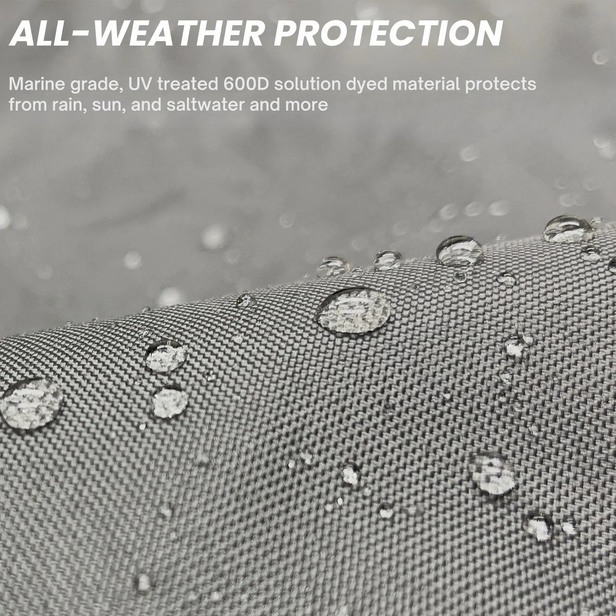 Close-up of water-repellent, marine-grade 600D solution-dyed grey fabric with visible water droplets, highlighting UV-treated, all-weather material for tiller protection, designed to withstand sun, rain, and saltwater exposure