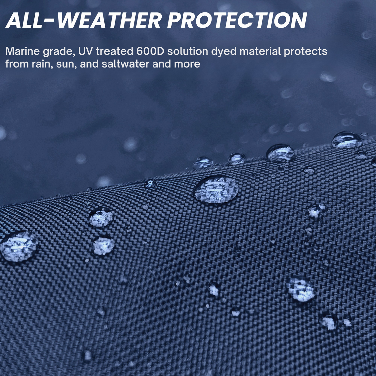 Close-up of water-repellent, marine-grade 600D solution-dyed navy fabric with visible water droplets, highlighting UV-treated, all-weather material for tiller protection, designed to withstand sun, rain, and saltwater exposure