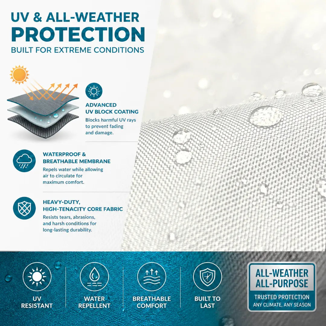 Infographic explaining the UV and all-weather protection features of a marine-grade fabric, featuring a close-up image of water droplets beading on a durable white textile. Diagrams and text highlight an advanced UV block coating, waterproof and breathable membrane, and heavy-duty high-tenacity core fabric.