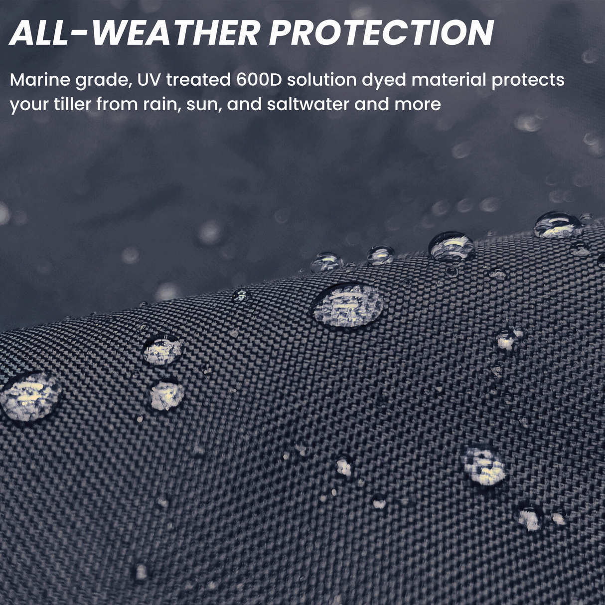 All-weather protection boat black tiller cover shown repelling water, made from marine-grade material that protects against rain, sun, and saltwater exposure