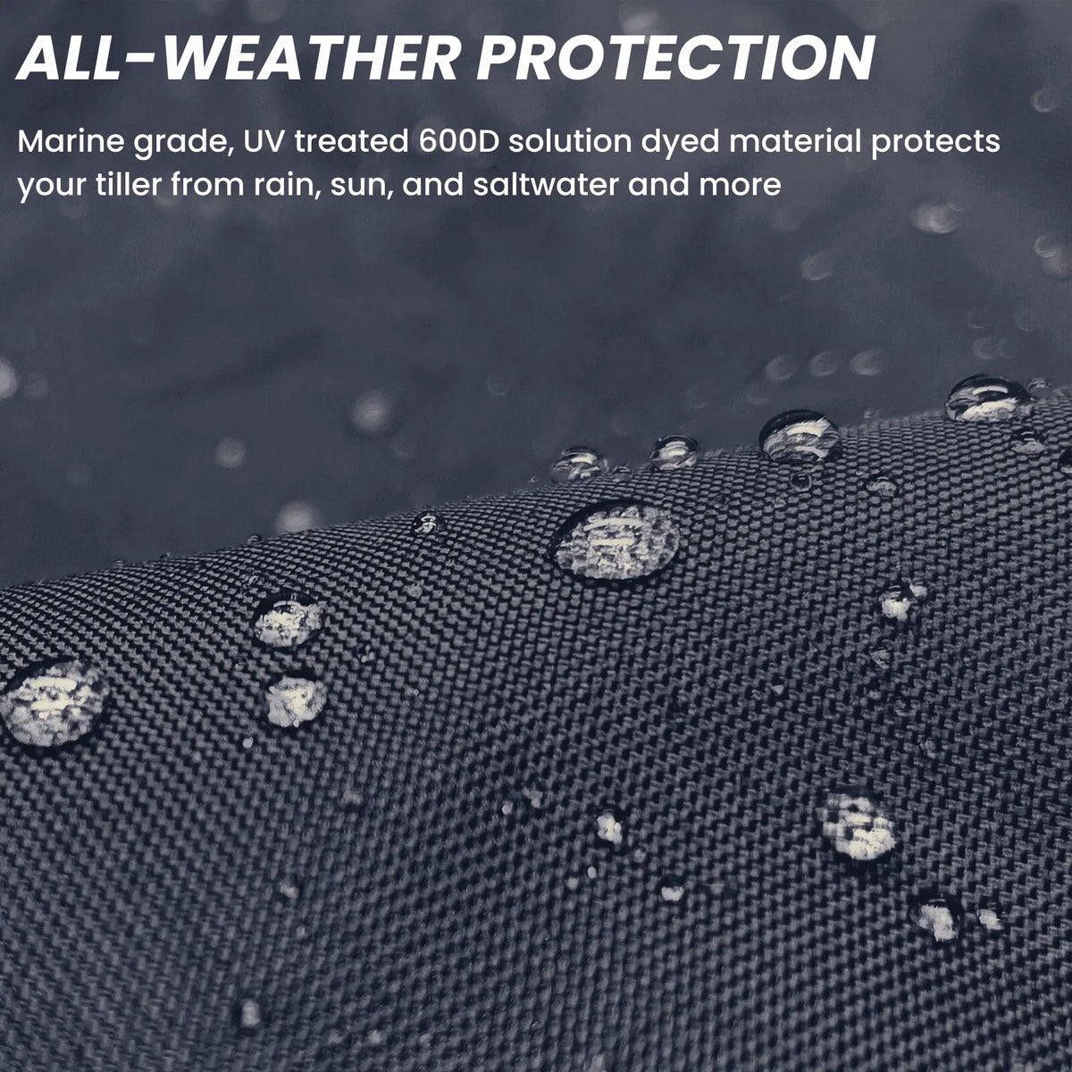 All-weather protection boat black tiller cover shown repelling water, made from marine-grade material that protects against rain, sun, and saltwater exposure